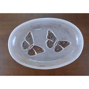 Vintage Oval Frosted Glass‎ Dish With Butterflys 6.25"x4.25"